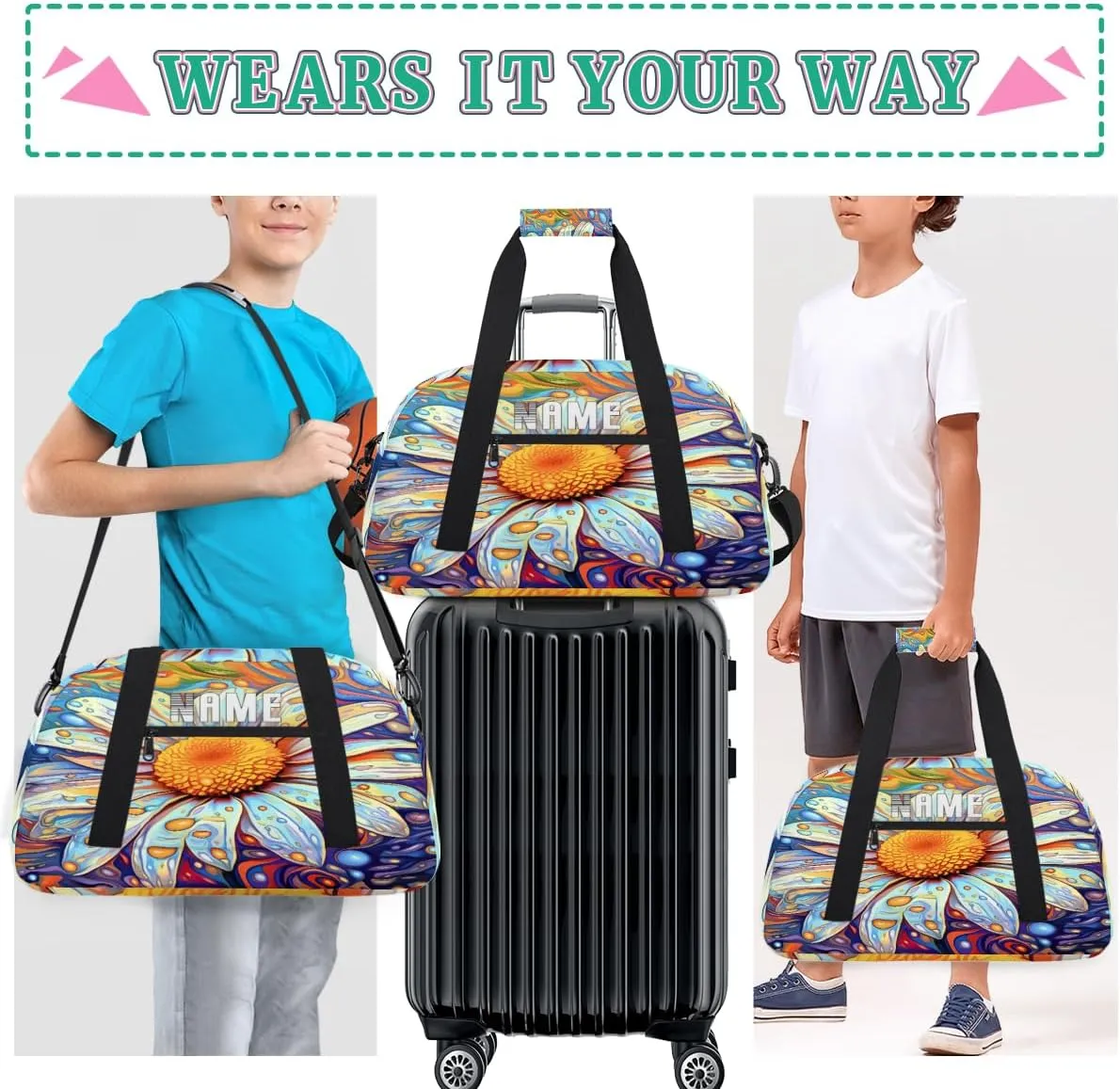Beautiful Daisy Flower Illustration Kids Overnight Bags Personalized Weekender Travel Duffle Bag for Teens,Boys Gym Carry On Maletas Para Niños,Customized Gymnastics Dance Ballet Tote for Girls