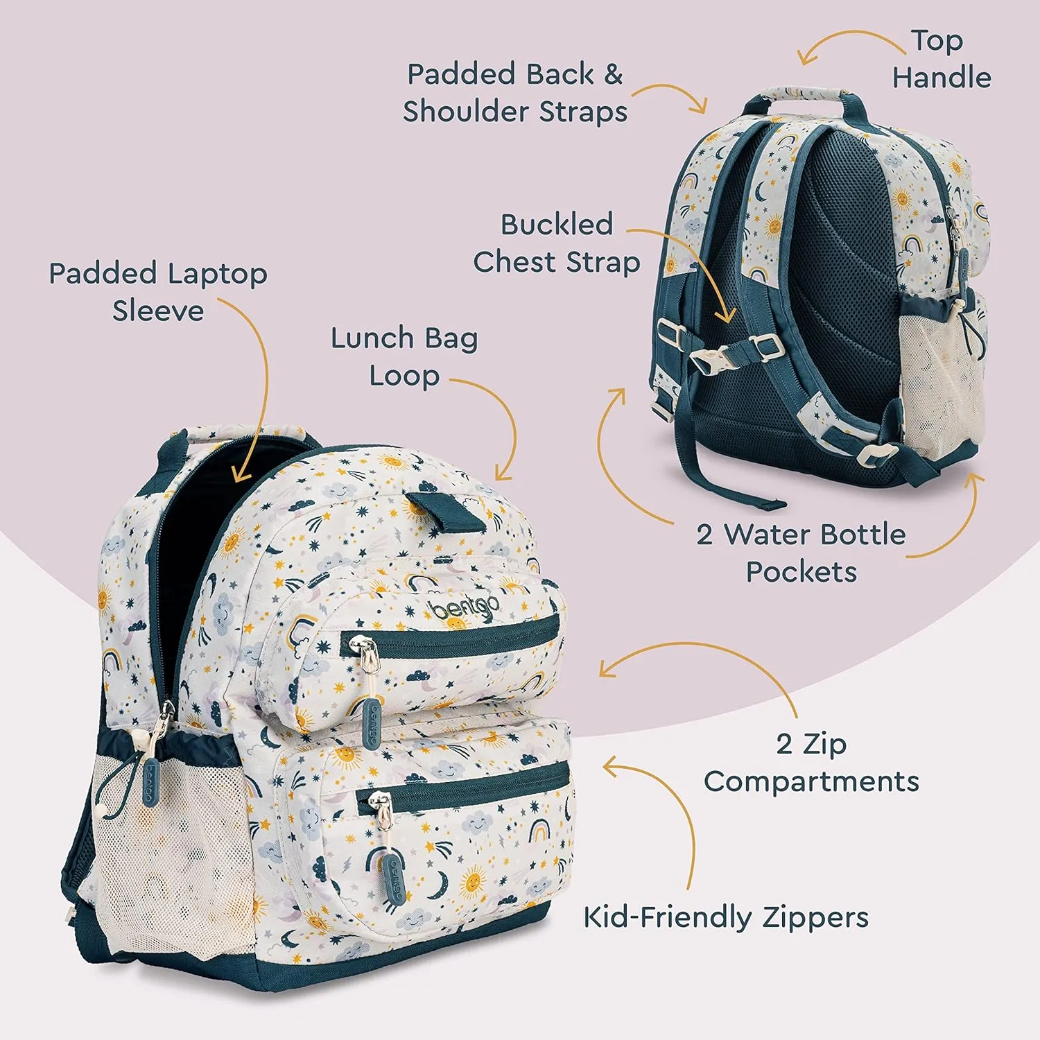 Bentgo Kids Backpack - Lightweight 14” Backpack in Fun Prints for School, Travel, & Daycare, Ideal for Ages 4 , Roomy Interior, Durable & Water-Resistant Fabric, & Loop for Lunch Bag (Friendly Skies)