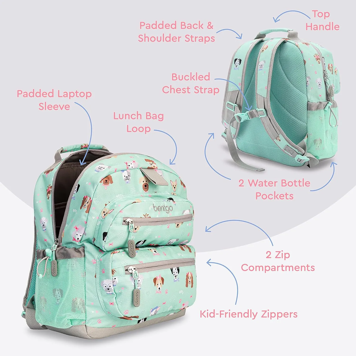 Bentgo Kids Backpack - Lightweight 14” Backpack in Fun Prints for School, Travel, & Daycare, Ideal for Ages 4 , Roomy Interior, Durable & Water-Resistant Fabric, & Loop for Lunch Bag (Puppy Love)