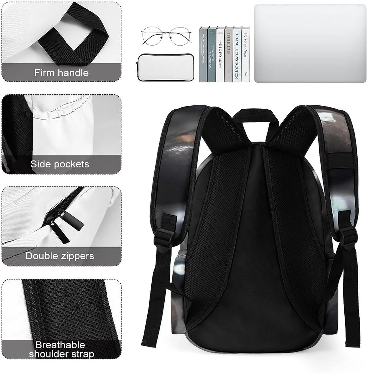 Black Mystery Heart Stone Print Laptop Backpacks Casual Shoulder Bag Travel Daypack Fashion for Men Women