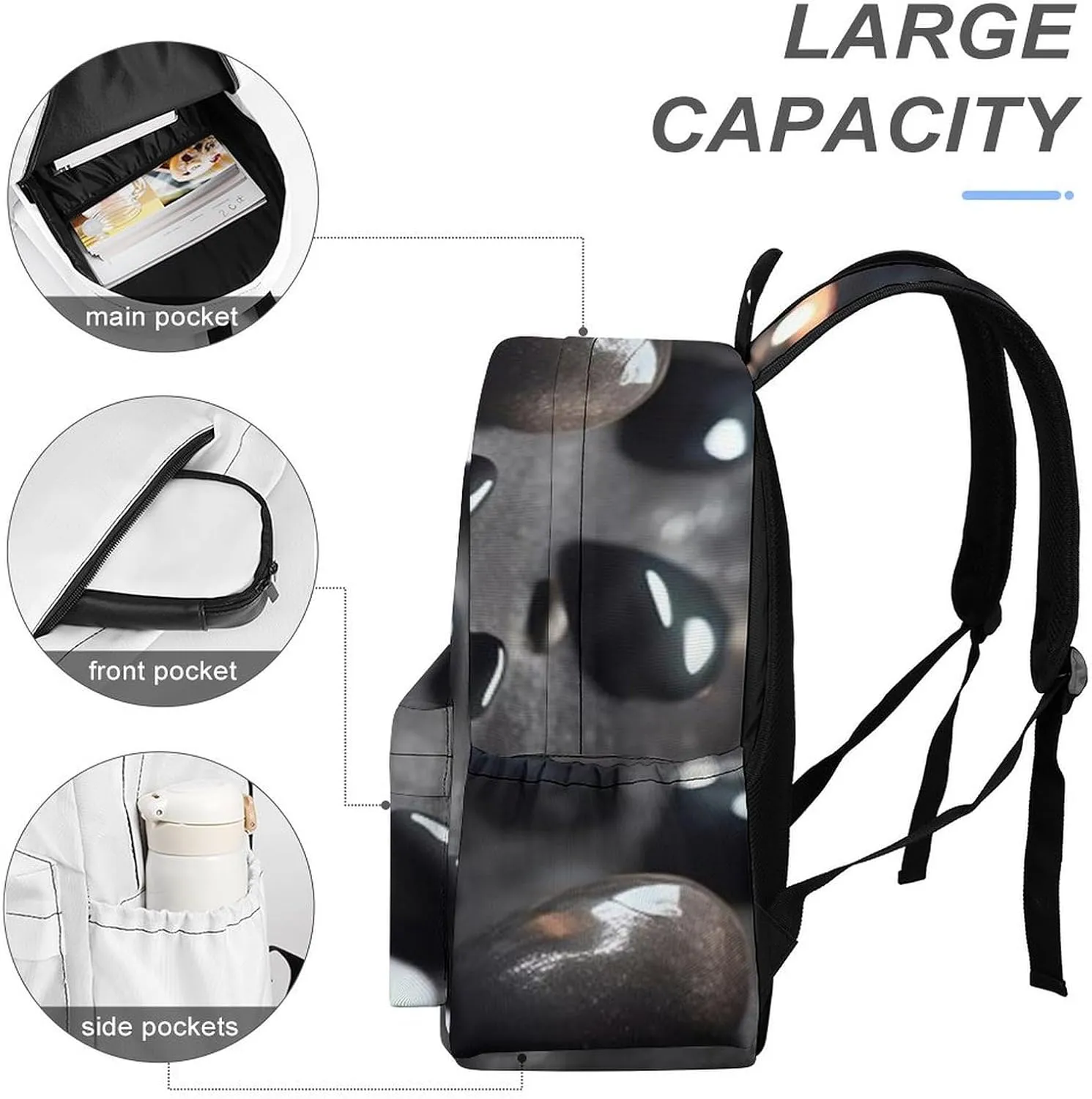 Black Mystery Heart Stone Print Laptop Backpacks Casual Shoulder Bag Travel Daypack Fashion for Men Women