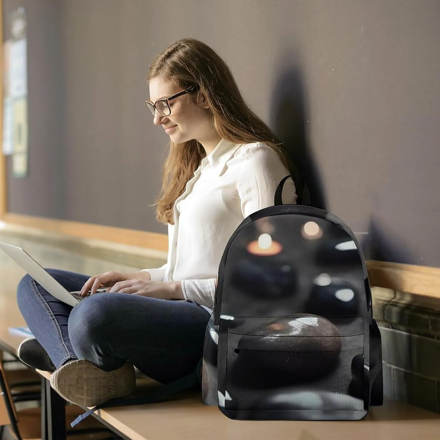 Black Mystery Heart Stone Print Laptop Backpacks Casual Shoulder Bag Travel Daypack Fashion for Men Women