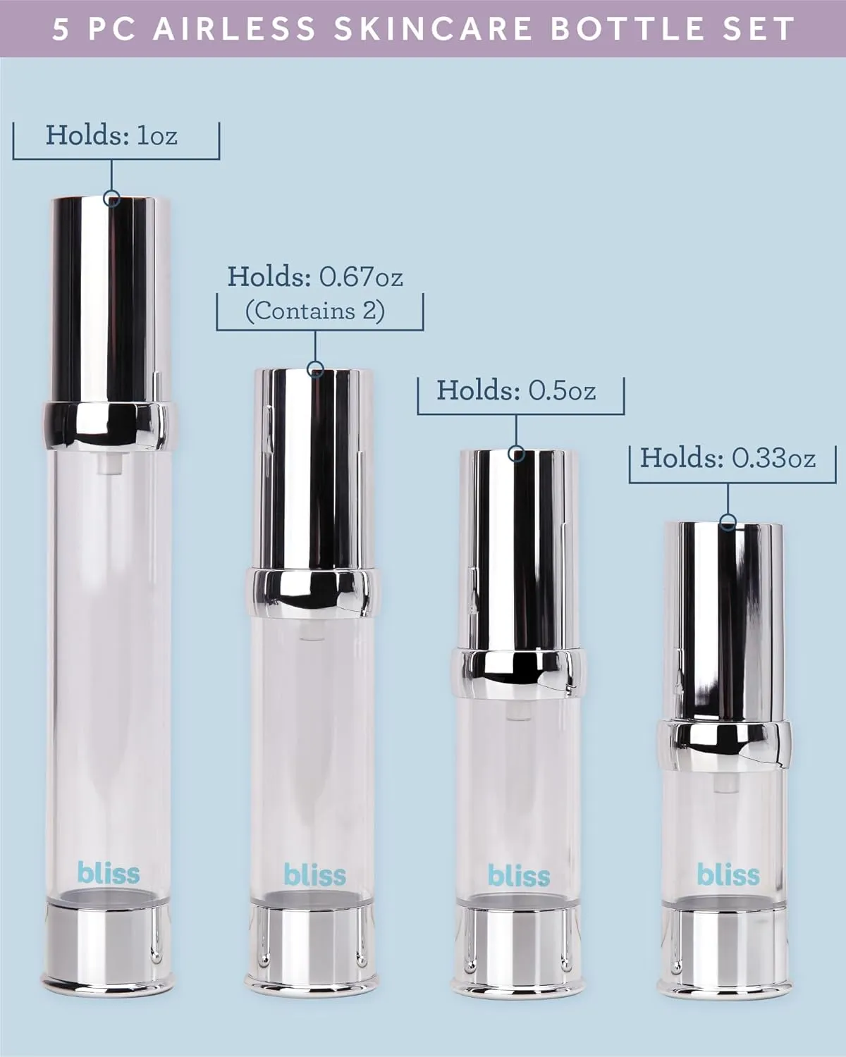 Bliss Travel Bottles Set - 5 Pack Airless Skincare Travel Pump Bottle Dispenser for Lotions, Creams, Toiletries, and Liquids, Size Onesize, Silver