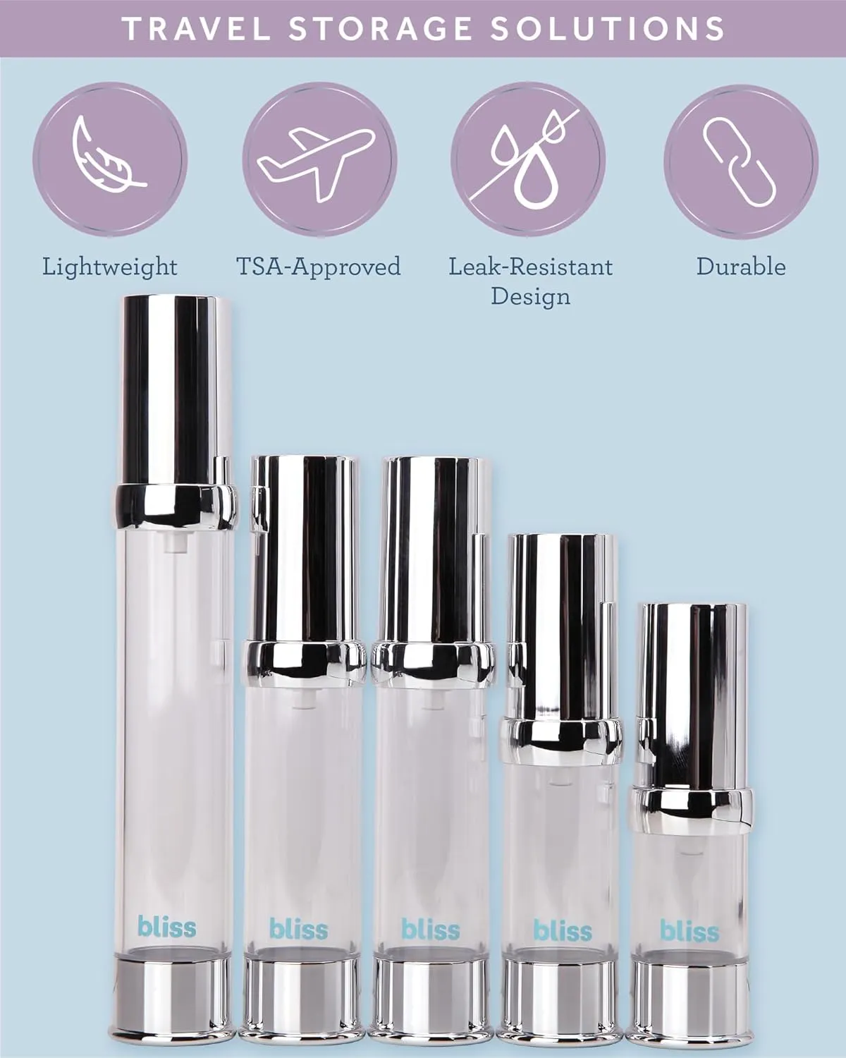 Bliss Travel Bottles Set - 5 Pack Airless Skincare Travel Pump Bottle Dispenser for Lotions, Creams, Toiletries, and Liquids, Size Onesize, Silver