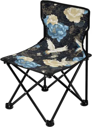 Blue and White Vintage Crane Flowers Collapsible Camping Chairs Lightweight Travel Chair Carry Bag Included