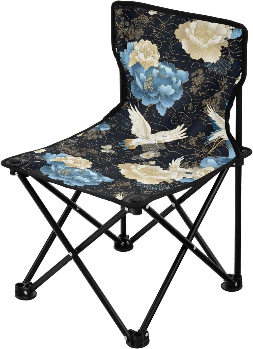 Blue and White Vintage Crane Flowers Collapsible Camping Chairs Lightweight Travel Chair Carry Bag Included