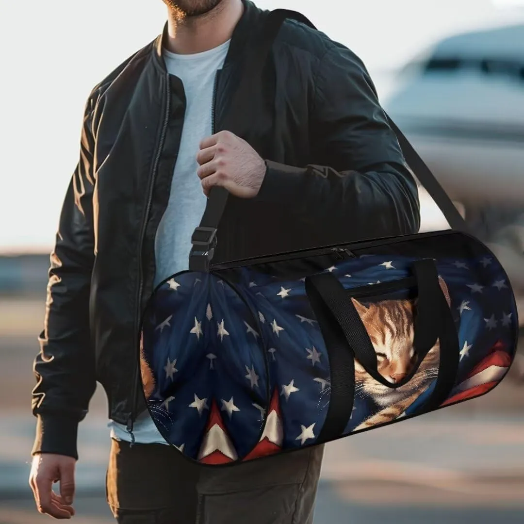 Boatee Cat Luggage Bag for Teen Girls American Flag Travel Bag Cute Duffle Bag Portable Gym Bag Lightweight Shoulder Handbag Travel Toiletry Bags with Inner Pocket Carry on Personal Item Bag Blue