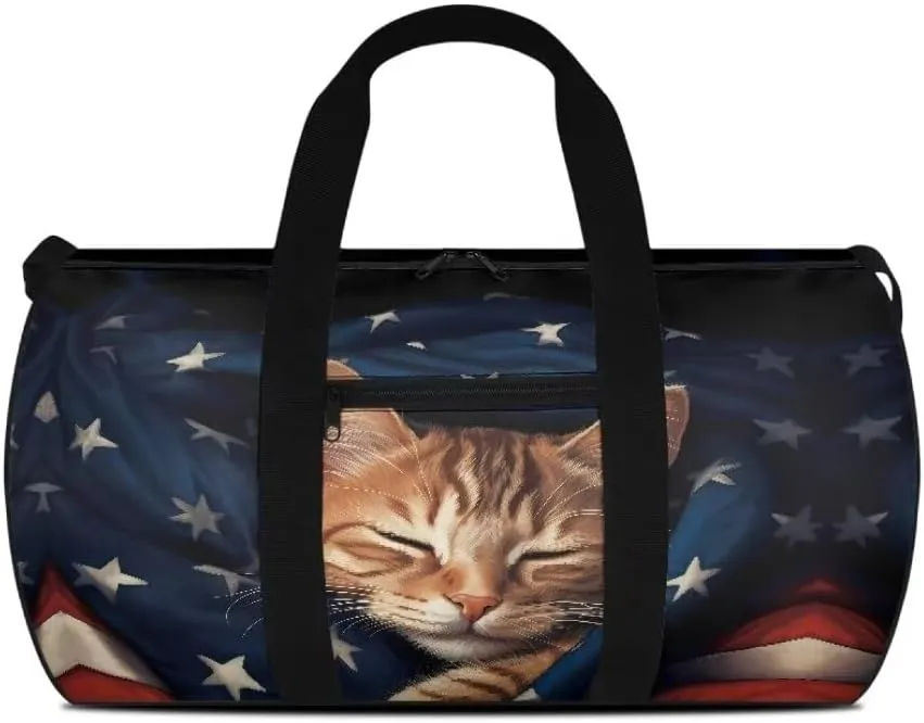 Boatee Cat Luggage Bag for Teen Girls American Flag Travel Bag Cute Duffle Bag Portable Gym Bag Lightweight Shoulder Handbag Travel Toiletry Bags with Inner Pocket Carry on Personal Item Bag Blue
