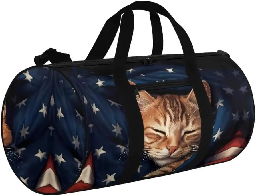 Boatee Cat Luggage Bag for Teen Girls American Flag Travel Bag Cute Duffle Bag Portable Gym Bag Lightweight Shoulder Handbag Travel Toiletry Bags with Inner Pocket Carry on Personal Item Bag Blue