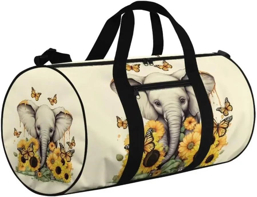 Boatee Elephant Sunflower Duffel Bag for Women Large Duffle Bag for Travel Portable Duffle Bag Luggage Handbag with Pocket Multi-Purpose Duffel Shoulder Bag Casual Handle Purse for Camp Sport Yellow
