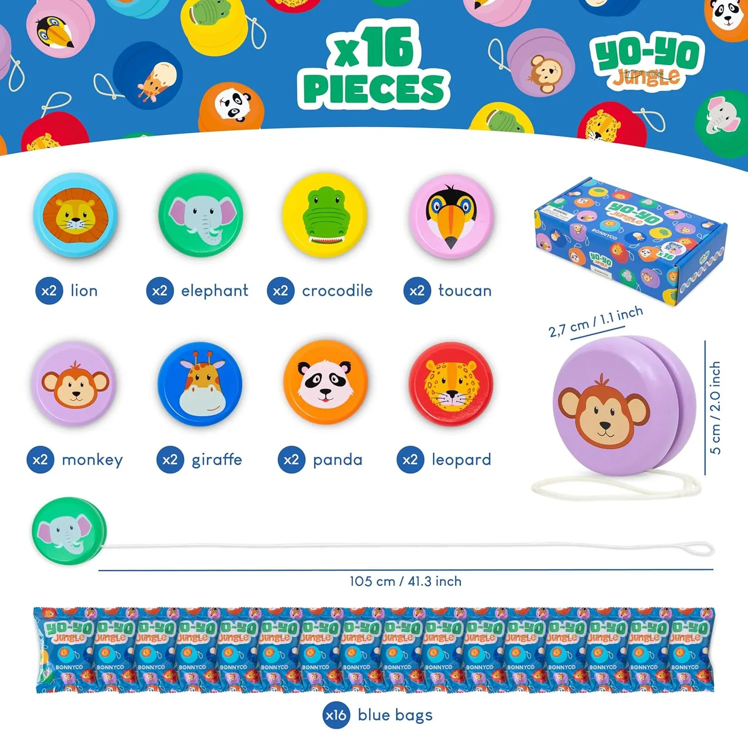 BONNYCO Yo Yo for Kids Pack 16 Jungle Animals Kids Party Favors Wooden Yoyo Bulk, Safari Goodie Bags Stuffers 3-5 4-8 | Goody Bag Stuffers Pinata Return Gifts for Birthday Party | Classroom Prizes