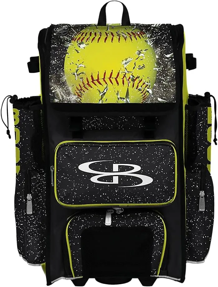Boombah Superpack Hybrid Rolling Bat Bag - Softball Highlight Bat Pack Black/Optic Yellow/Red - Wheeled & Backpack Version