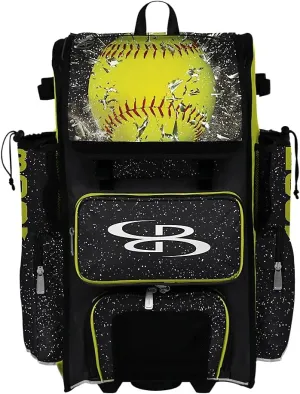 Boombah Superpack Hybrid Rolling Bat Bag - Softball Highlight Bat Pack Black/Optic Yellow/Red - Wheeled & Backpack Version
