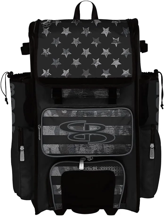 Boombah Superpack Hybrid Rolling Bat Bag - USA Honor Black Ops Bat Pack Black/Charcoal - Wheeled & Backpack Version