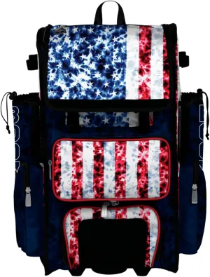 Boombah Superpack Hybrid Rolling Bat Bag - Wheeled & Backpack Version - USA Salute Navy/Red/White