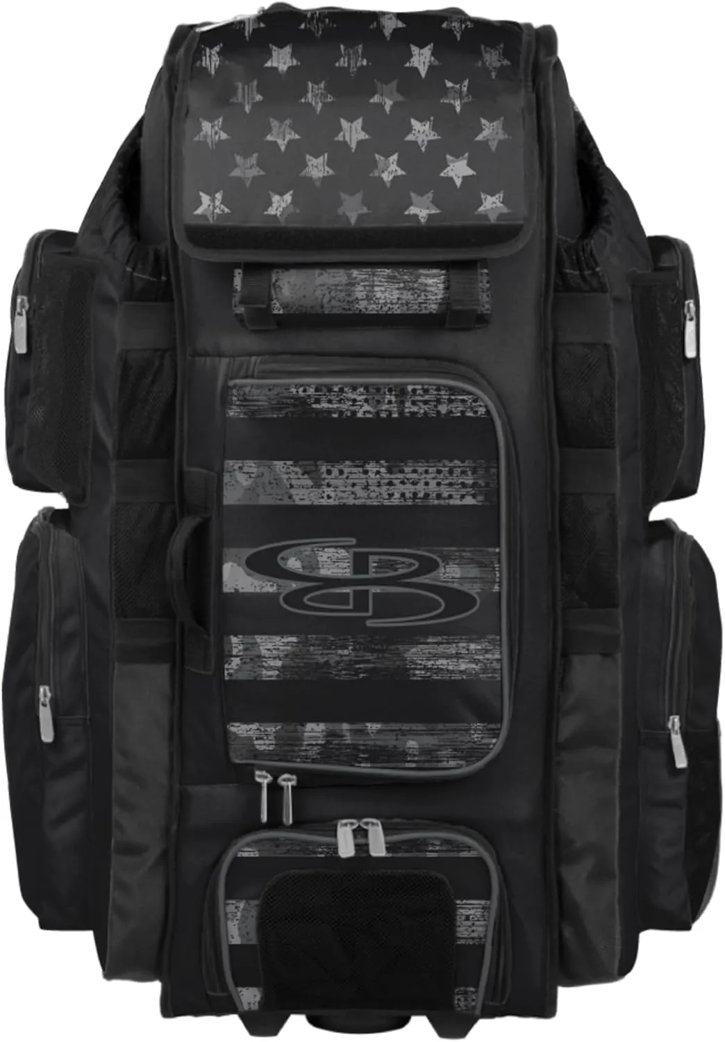 Boombah Superpack XL Rolling Bat Bag - 36" x 16" x 23.5" - Telescopic Handle - Holds 8 Bats - Wheeled Version - USA Honor Black Ops Black/Charcoal