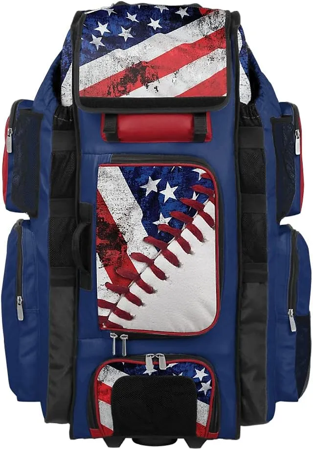 Boombah Superpack XL Rolling Bat Bag - 36" x 16" x 23.5" - USA Baseball Royal Blue/Red/White - Wheeled Version