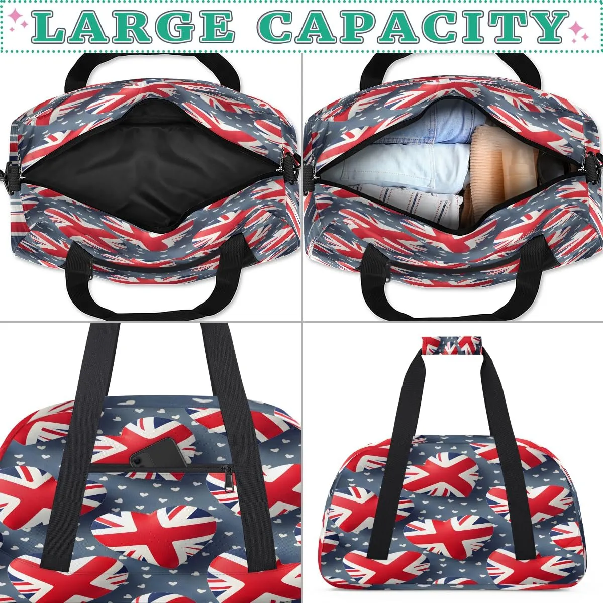 British Flag United Kingdom UK London Kids Overnighter Duffel Bags for Boys, Carry-On Size Sports Gym Bag with Front Zipper Pocket for School Practice or Overnight Travel Weekender Sleepover Tote Bag