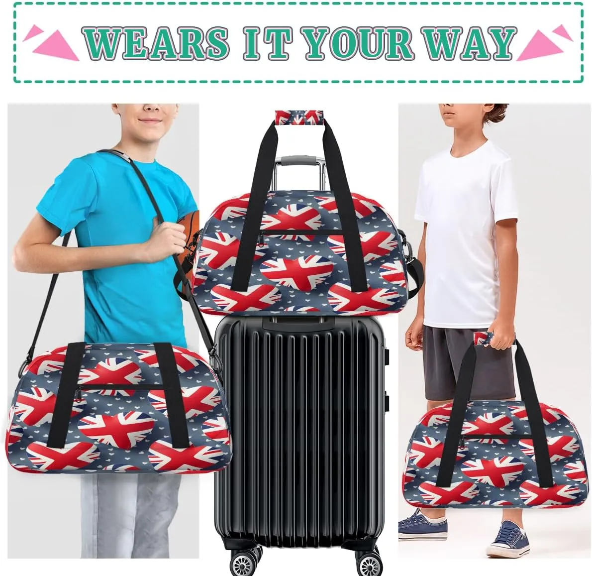 British Flag United Kingdom UK London Kids Overnighter Duffel Bags for Boys, Carry-On Size Sports Gym Bag with Front Zipper Pocket for School Practice or Overnight Travel Weekender Sleepover Tote Bag