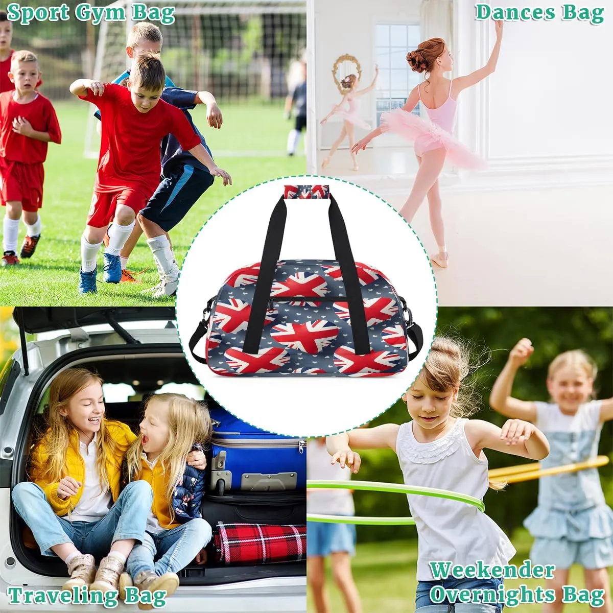British Flag United Kingdom UK London Kids Overnighter Duffel Bags for Boys, Carry-On Size Sports Gym Bag with Front Zipper Pocket for School Practice or Overnight Travel Weekender Sleepover Tote Bag
