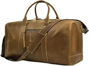 Brown Weekender Bags Waterproof Oversized Duffel Bag for Travel Genuine Leather Handles Carry On Duffle
