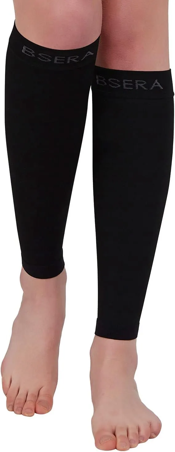 BSERA Calf Compression Sleeve Women, 2 Pairs 15-20mmHg Calf Support Footless Compression Socks Stockings for Shin Splints, Varicose Veins, Recovery (Black, Small)