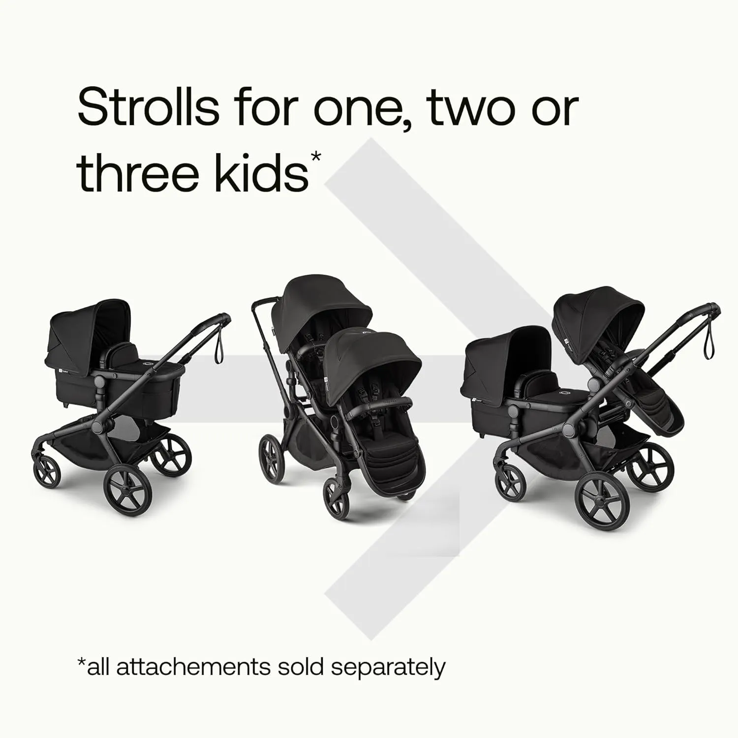 Bugaboo Kangaroo All-Terrain Single-to-Double Tandem Stroller for Infant and Toddler, for Up to Three Kids, XL Wheels, One-Hand Operation, Large Bassinet, XL Underseat Storage, Black/Midnight Black