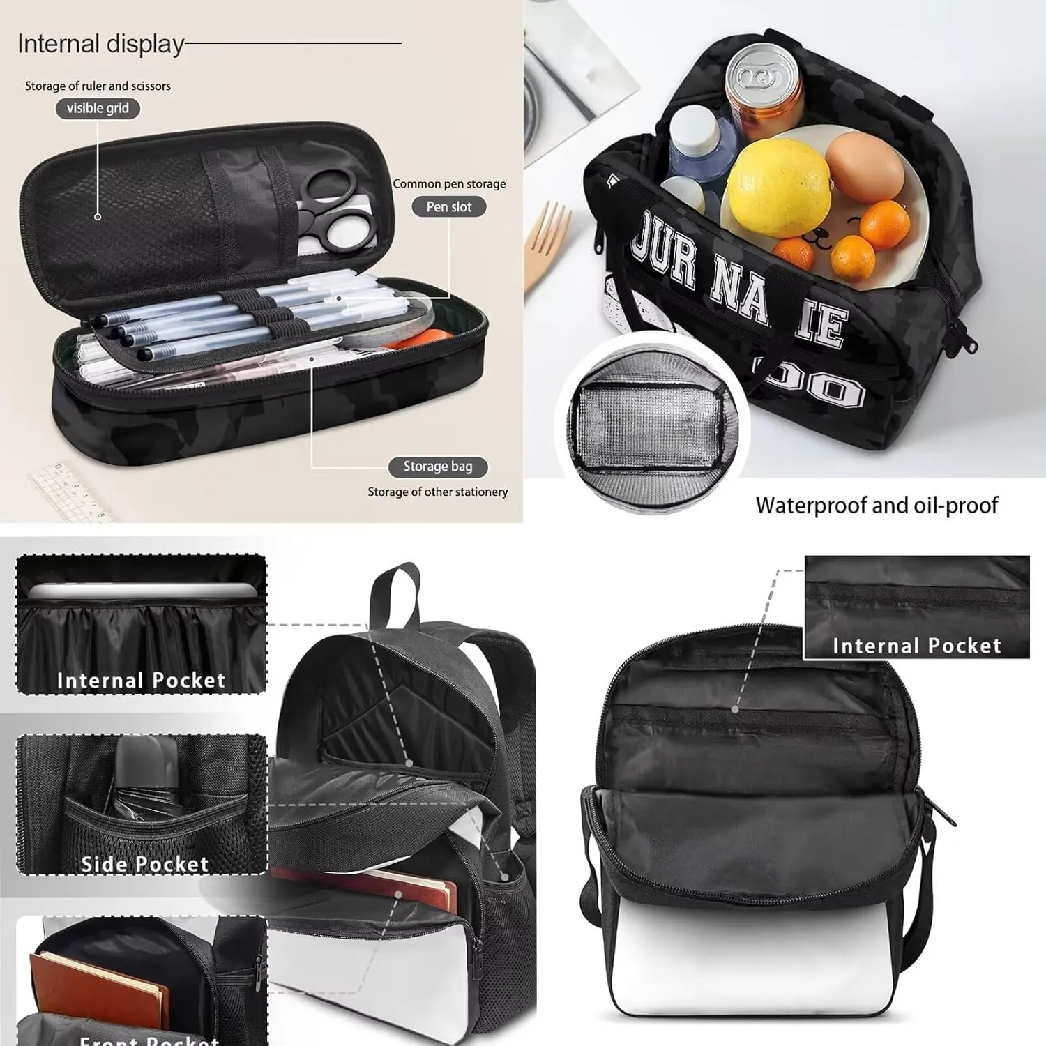 Bulopur 4PC Personalized Custom Soccer Football School Bags Set, Black Camo Travel Backpack Laptop Book Bag Lunch Bags Pen Carrying Case Pencil Box for Kids Boys Girls Children