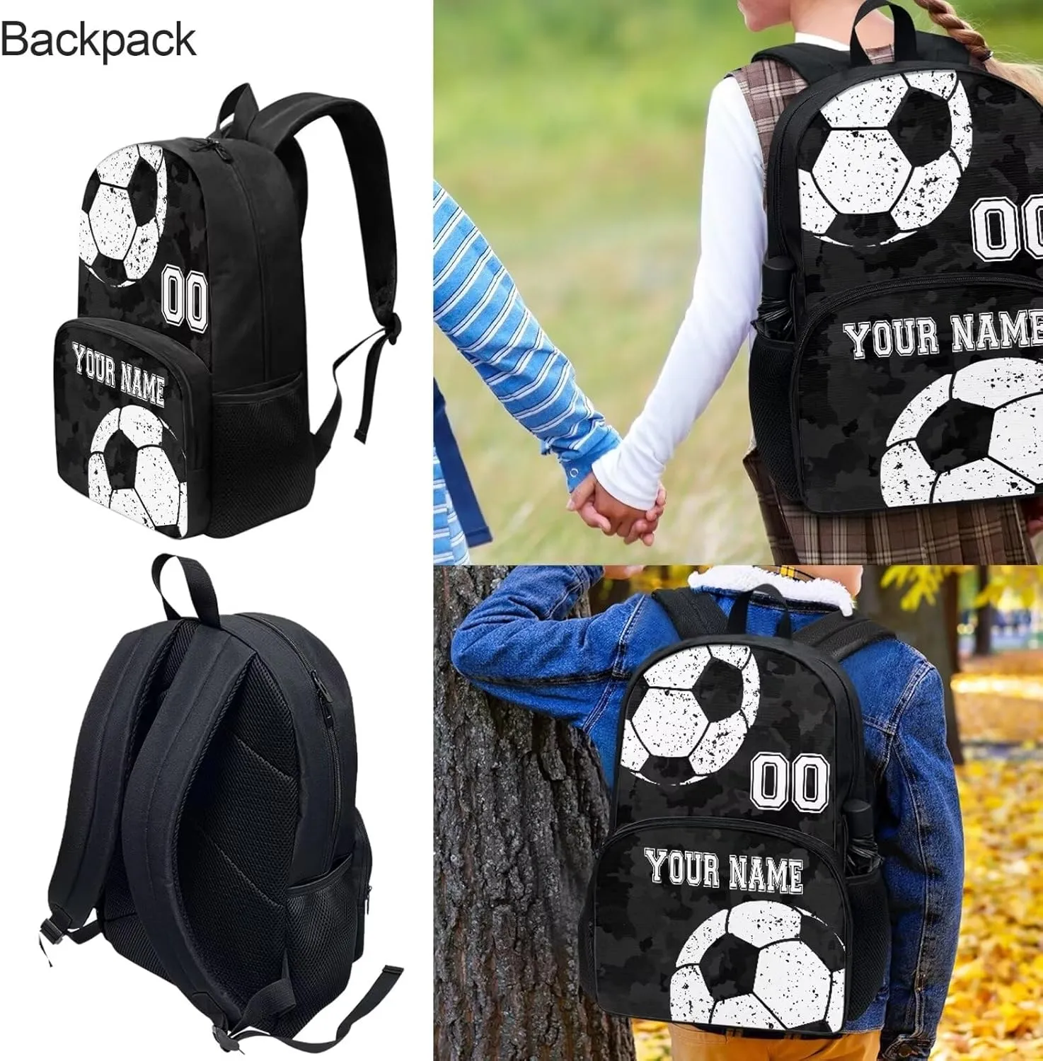 Bulopur 4PC Personalized Custom Soccer Football School Bags Set, Black Camo Travel Backpack Laptop Book Bag Lunch Bags Pen Carrying Case Pencil Box for Kids Boys Girls Children