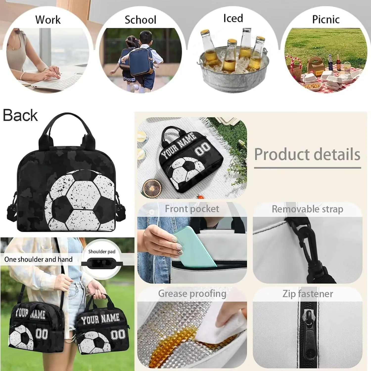 Bulopur 4PC Personalized Custom Soccer Football School Bags Set, Black Camo Travel Backpack Laptop Book Bag Lunch Bags Pen Carrying Case Pencil Box for Kids Boys Girls Children