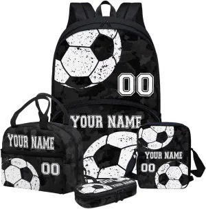 Bulopur 4PC Personalized Custom Soccer Football School Bags Set, Black Camo Travel Backpack Laptop Book Bag Lunch Bags Pen Carrying Case Pencil Box for Kids Boys Girls Children