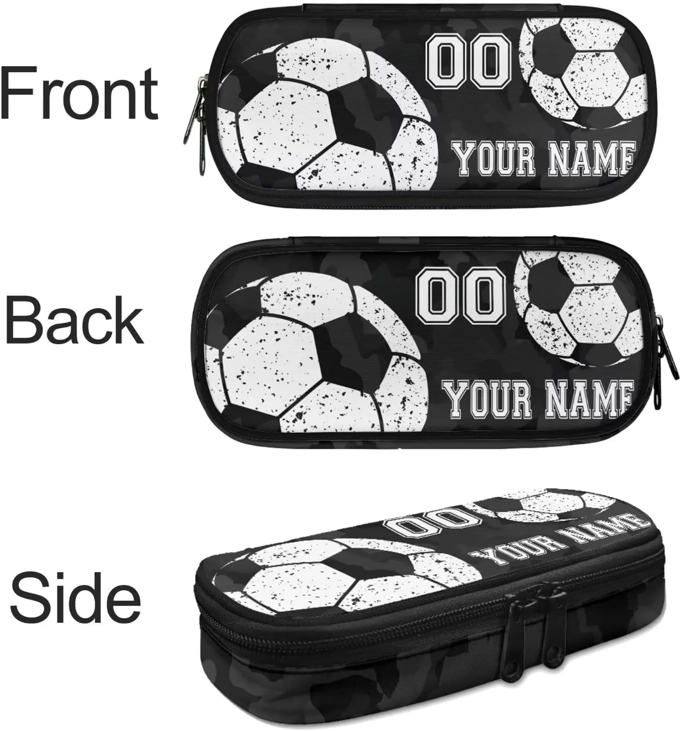 Bulopur 4PC Personalized Custom Soccer Football School Bags Set, Black Camo Travel Backpack Laptop Book Bag Lunch Bags Pen Carrying Case Pencil Box for Kids Boys Girls Children