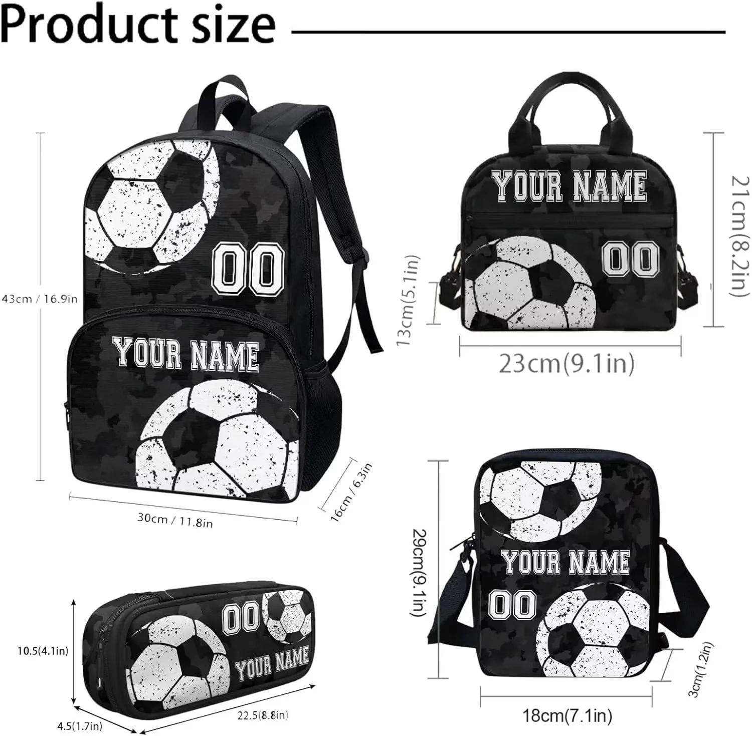 Bulopur 4PC Personalized Custom Soccer Football School Bags Set, Black Camo Travel Backpack Laptop Book Bag Lunch Bags Pen Carrying Case Pencil Box for Kids Boys Girls Children