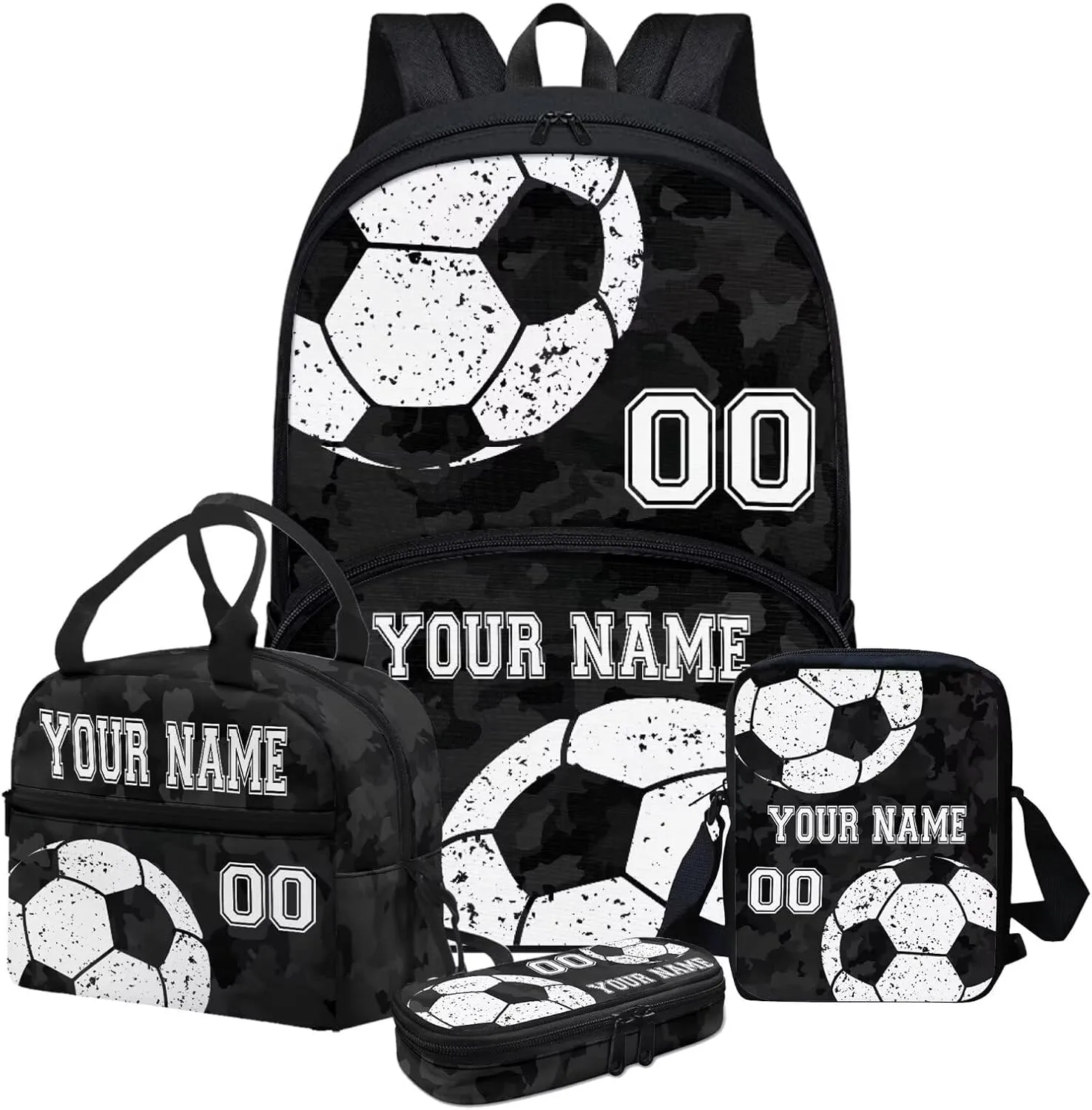 Bulopur 4PC Personalized Custom Soccer Football School Bags Set, Black Camo Travel Backpack Laptop Book Bag Lunch Bags Pen Carrying Case Pencil Box for Kids Boys Girls Children