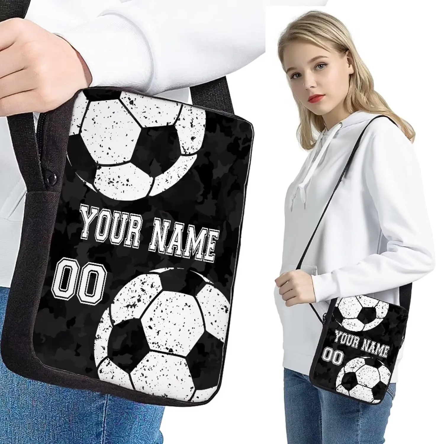 Bulopur 4PC Personalized Custom Soccer Football School Bags Set, Black Camo Travel Backpack Laptop Book Bag Lunch Bags Pen Carrying Case Pencil Box for Kids Boys Girls Children