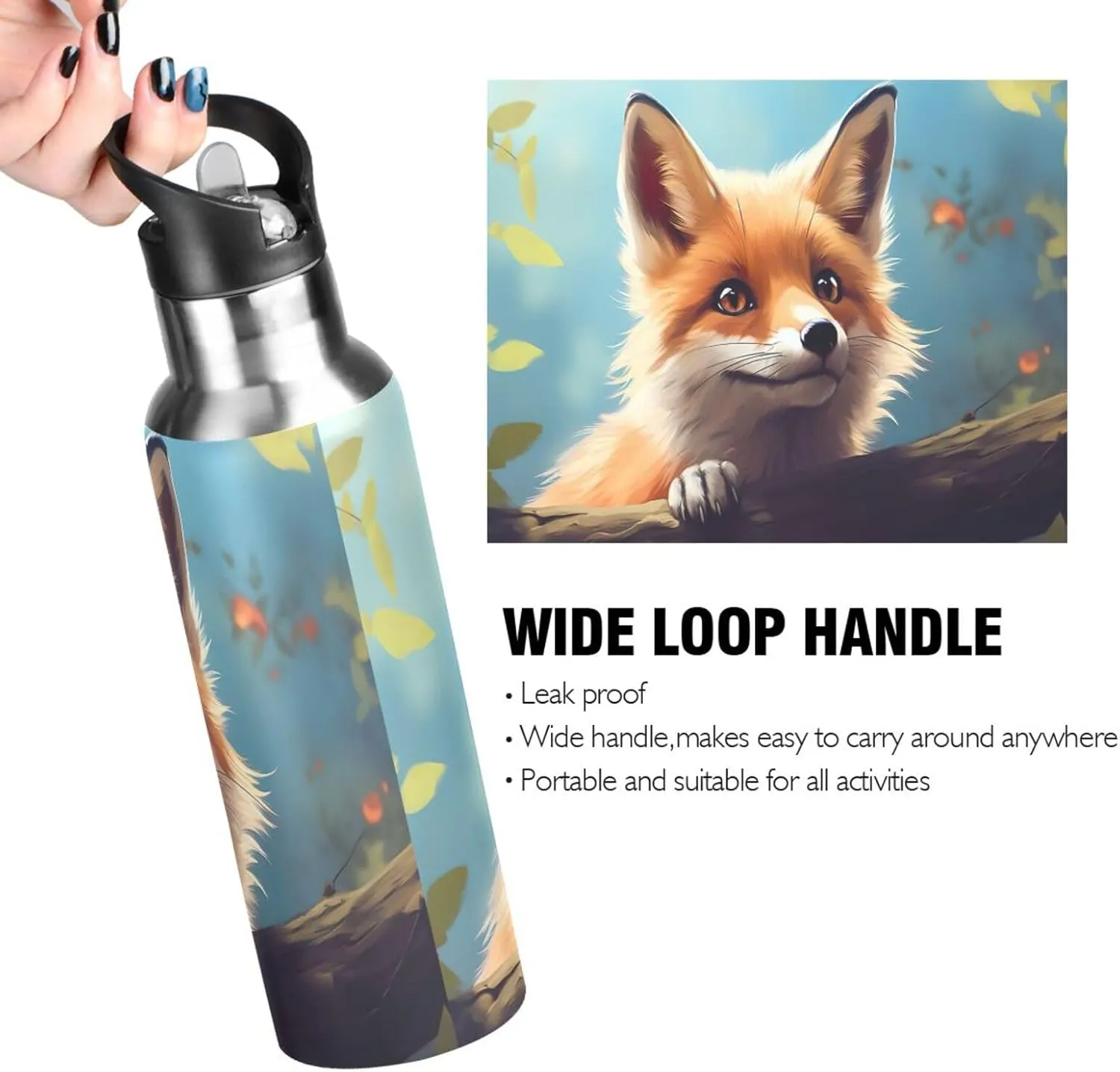 Burbuja Cute Fox Stainless Steel Water Bottle, Vacuum Insulated Water Bottles with Straw Lid for Sports, Gym, School - Leak & Sweat Proof, BPA Free, 20 oz