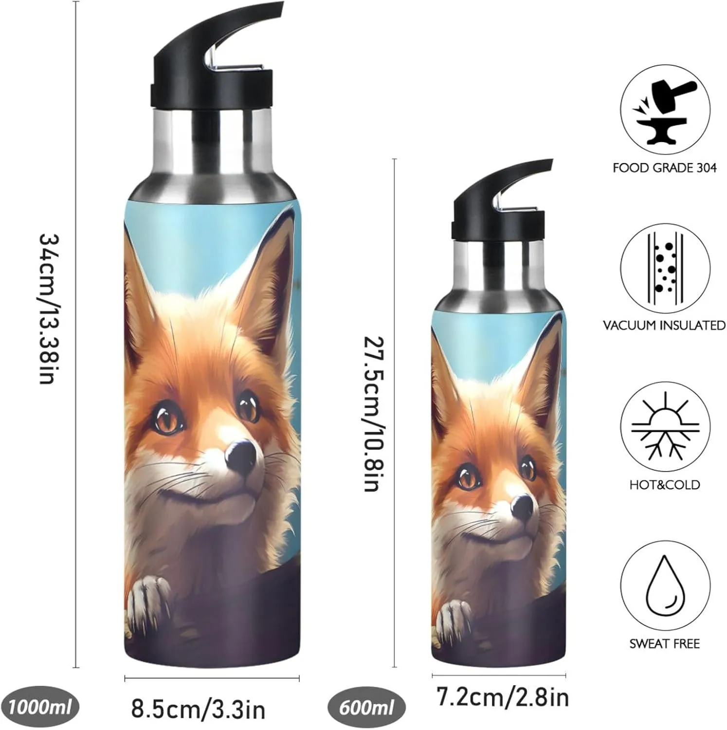 Burbuja Cute Fox Stainless Steel Water Bottle, Vacuum Insulated Water Bottles with Straw Lid for Sports, Gym, School - Leak & Sweat Proof, BPA Free, 20 oz