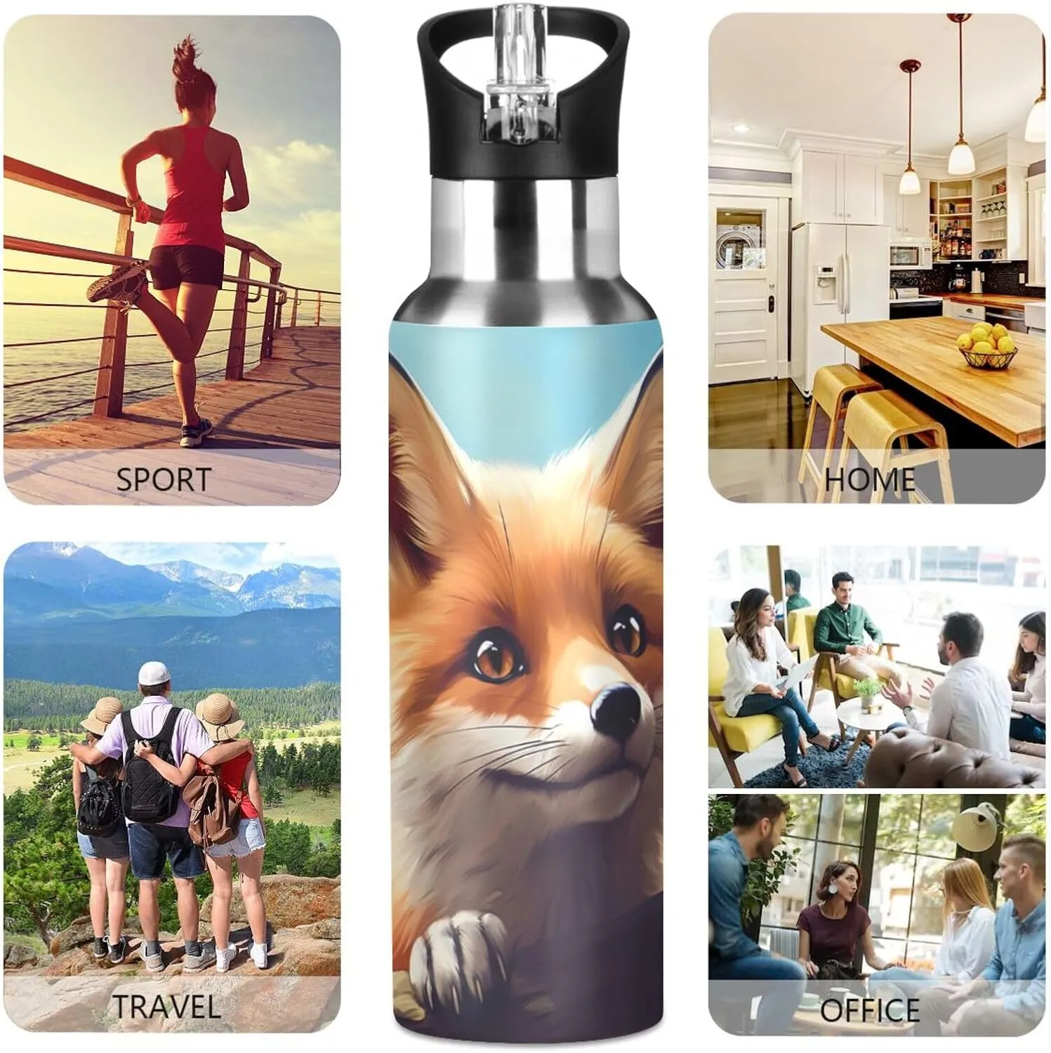 Burbuja Cute Fox Stainless Steel Water Bottle, Vacuum Insulated Water Bottles with Straw Lid for Sports, Gym, School - Leak & Sweat Proof, BPA Free, 20 oz