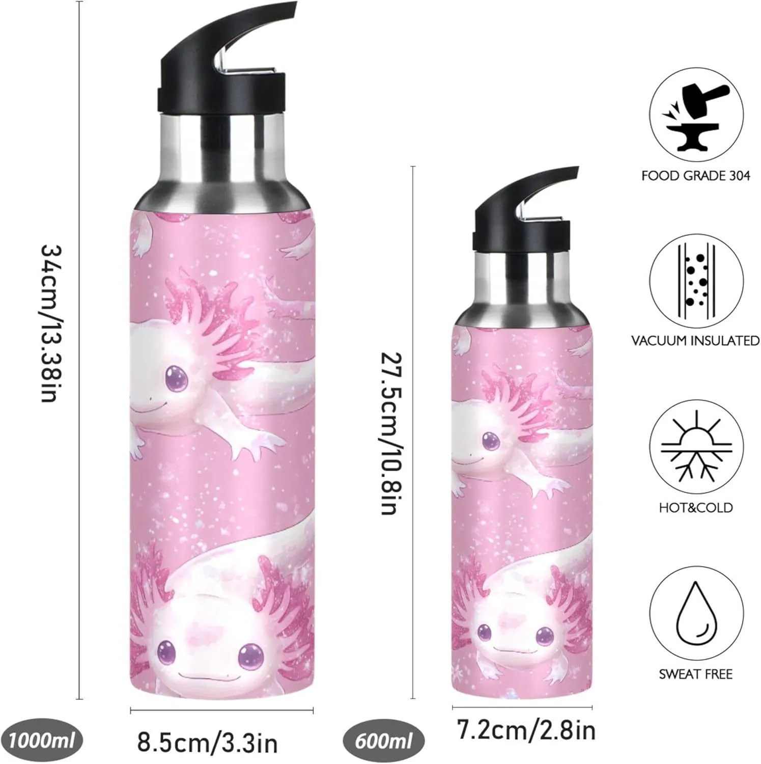 Burbuja Kawaii Axolotl Stainless Steel Water Bottle, Vacuum Insulated Water Bottles with Straw Lid for Sports, Gym, School - Leak & Sweat Proof, BPA Free, 32 oz