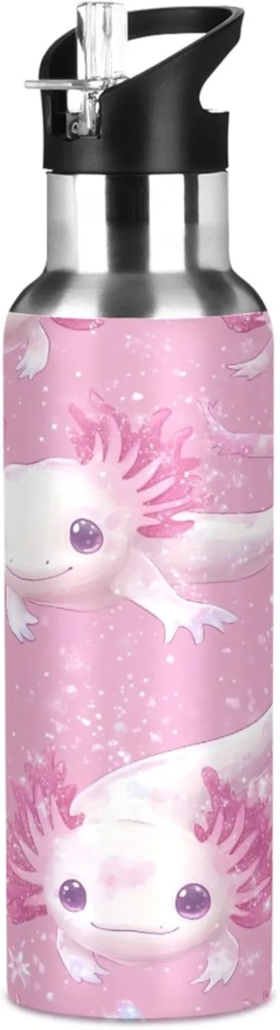 Burbuja Kawaii Axolotl Stainless Steel Water Bottle, Vacuum Insulated Water Bottles with Straw Lid for Sports, Gym, School - Leak & Sweat Proof, BPA Free, 32 oz