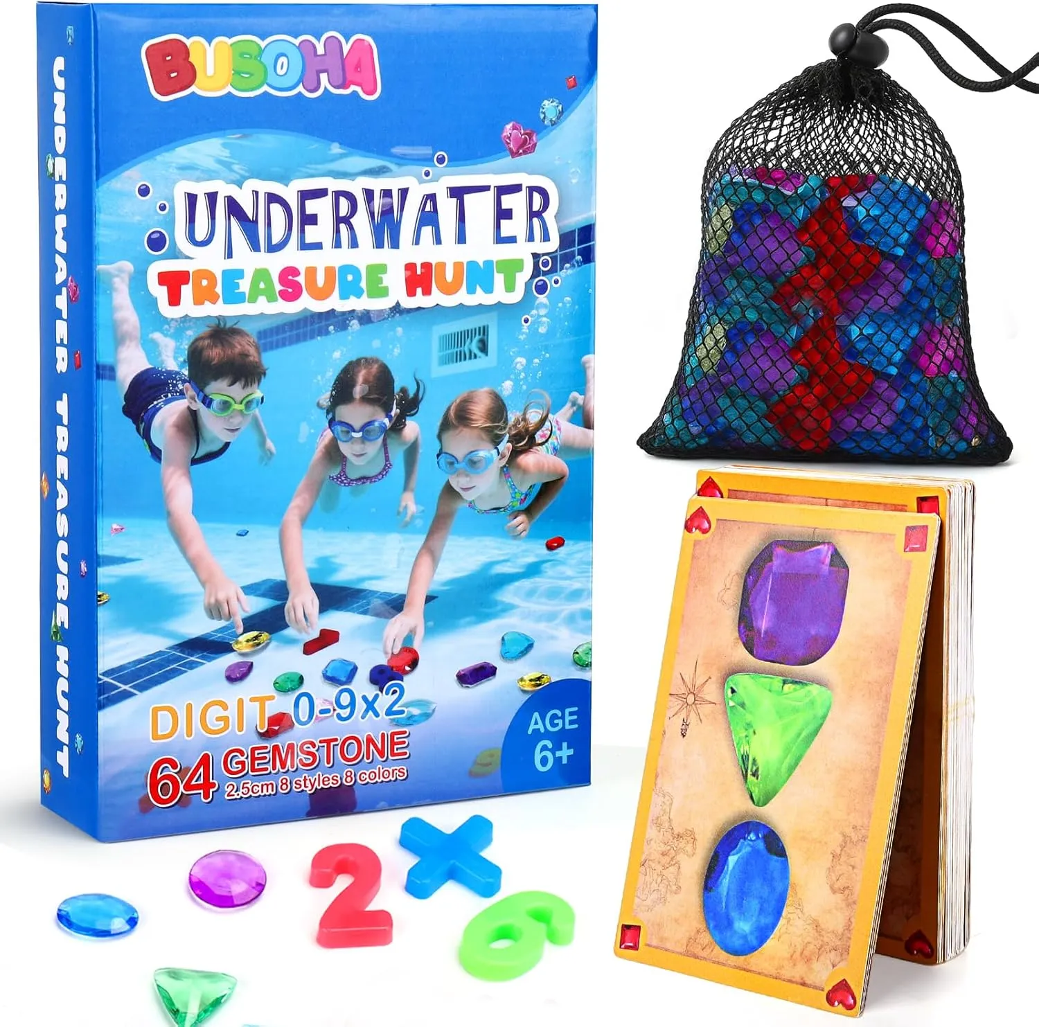 BUSOHA Diving Pool Hunt Gem Toys - 6 in 1 Underwater Seek and Find Gems Game Tic Tac Toe Board Games Kids Swiming Pool Toys with Mesh Bag Water Gifts for Boys Girls Age 6 7 8 9 10 11 12