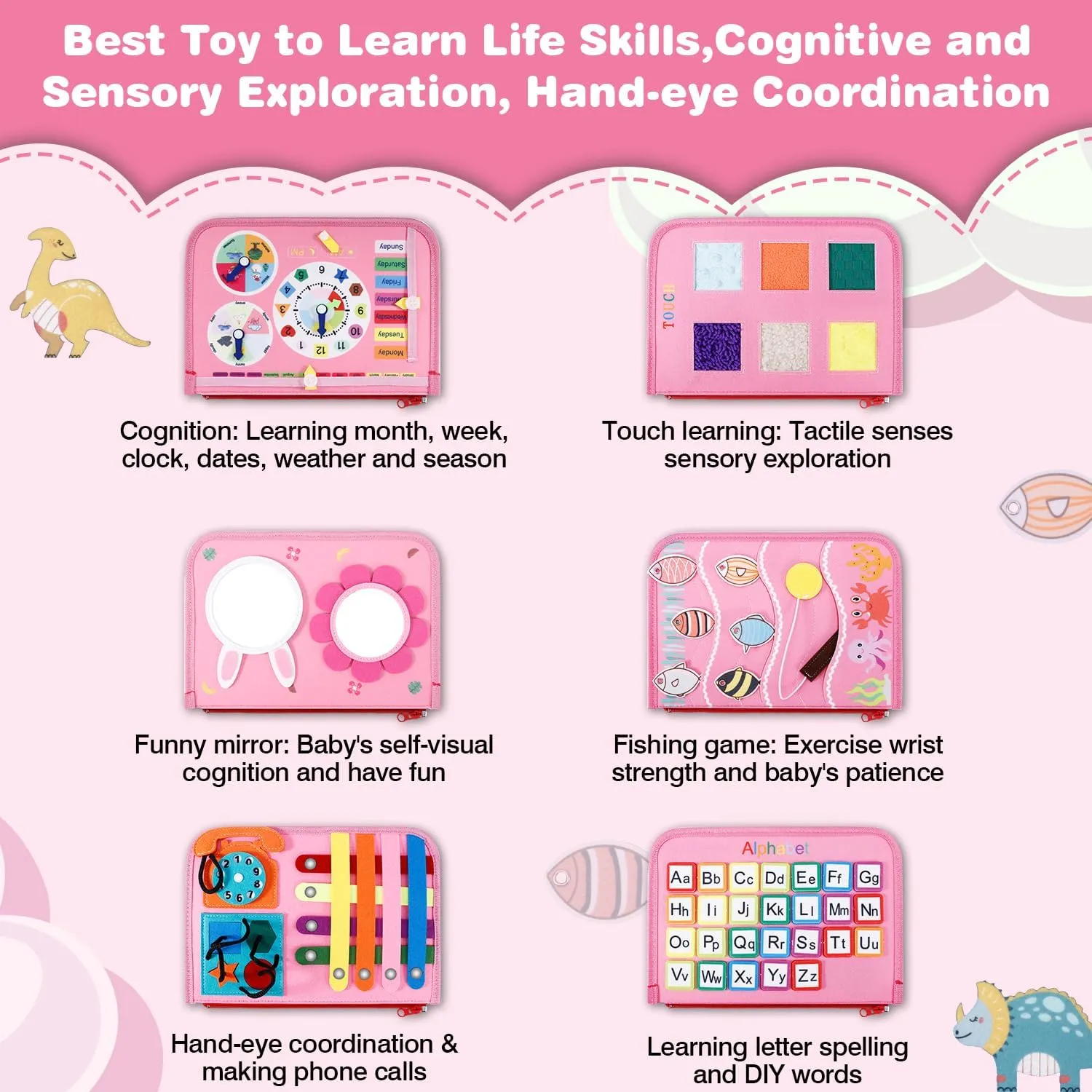 Busy Board for Toddlers 1-4, Sensory Board Travel Toys Gifts for 1 2 3 4 Year Old Girls Boys, Montessori Toys to Learn Fine Motor Skills, Educational Activities Busy Book for Airplane Car (Pink)