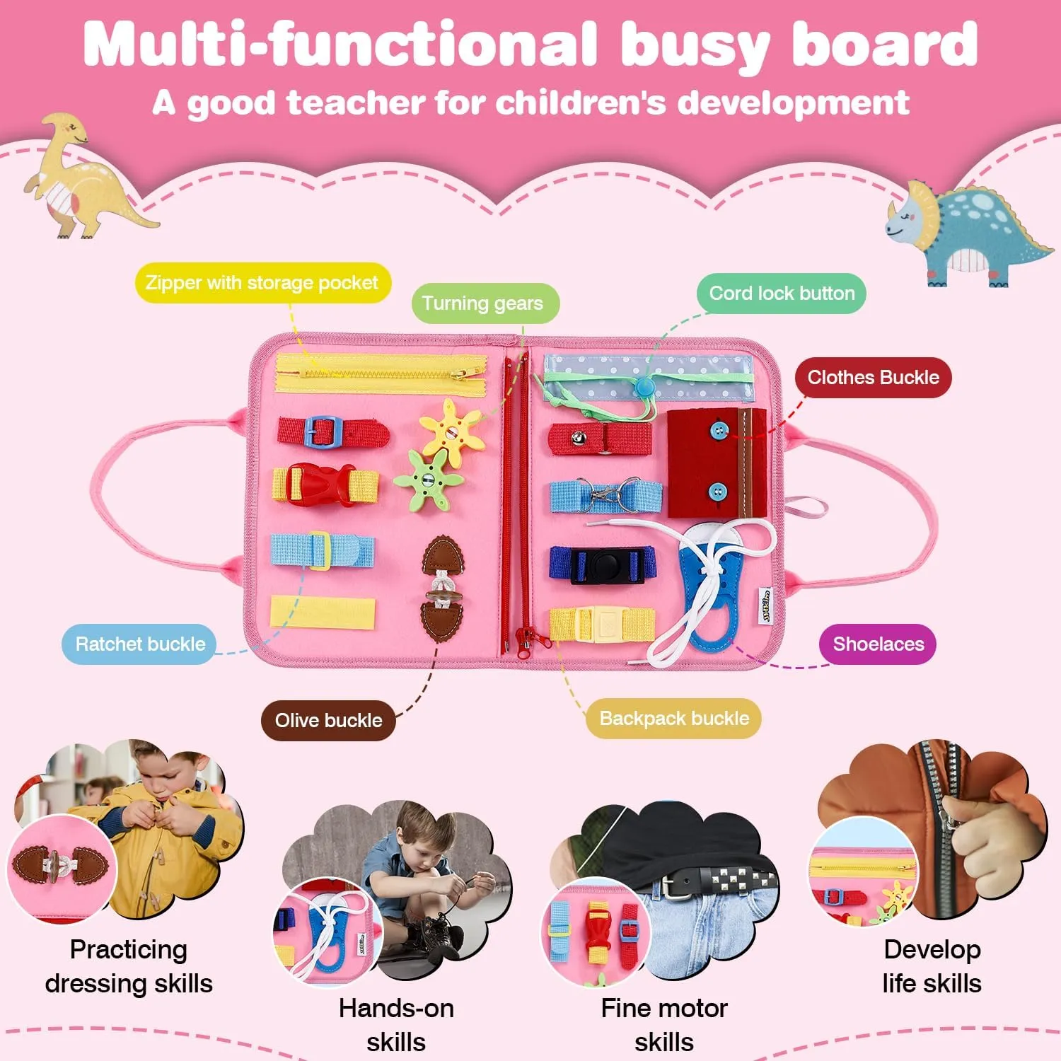 Busy Board for Toddlers 1-4, Sensory Board Travel Toys Gifts for 1 2 3 4 Year Old Girls Boys, Montessori Toys to Learn Fine Motor Skills, Educational Activities Busy Book for Airplane Car (Pink)