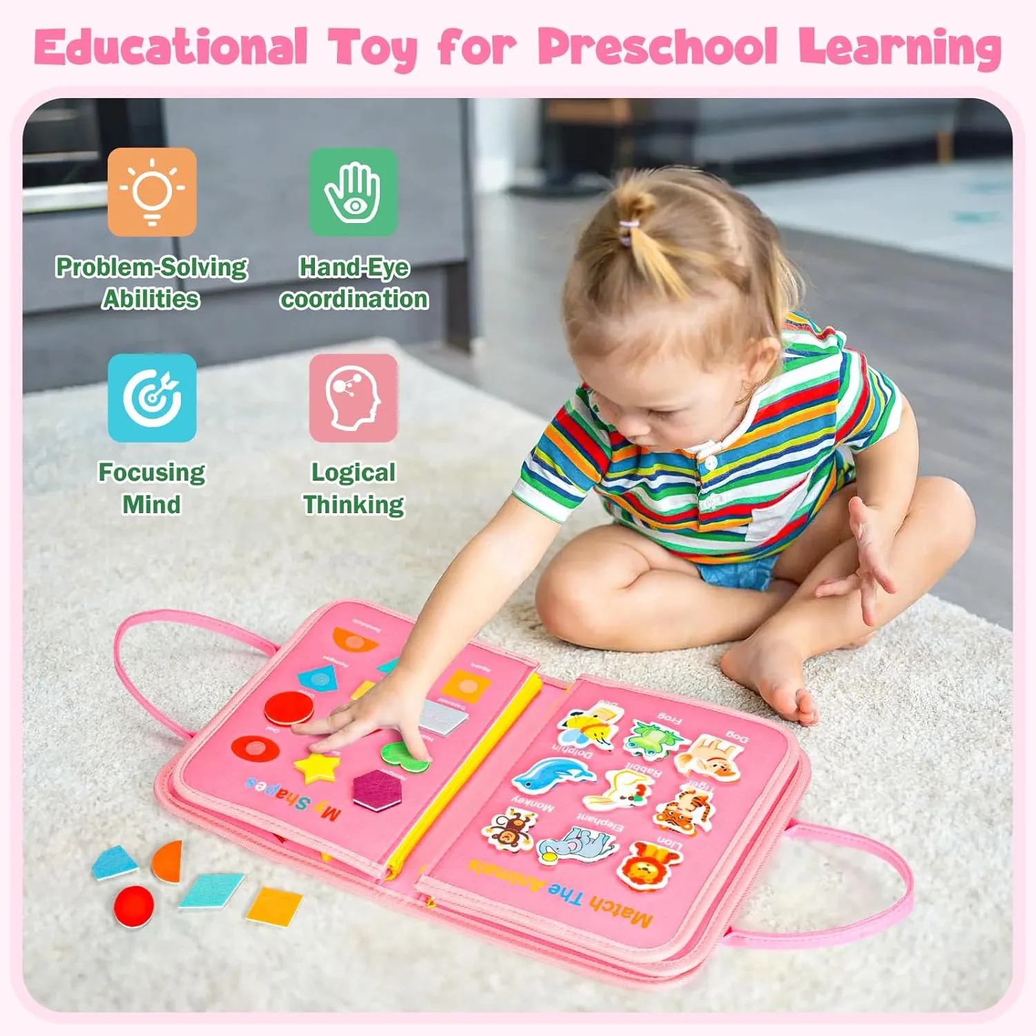 Busy Board Montessori Toys for 4 Years Old, Busy Book for Toddlers, Sensory Board Quiet Book Educational Activity Book for Toddlers 4-5, Toddler Travel Toys for Plane Car, Gifts for Boys Girls (Pink)