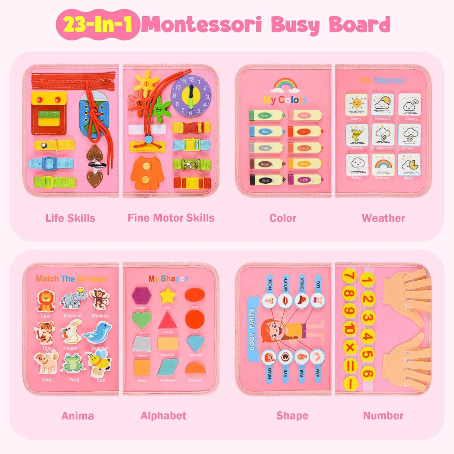 Busy Board Montessori Toys for 4 Years Old, Busy Book for Toddlers, Sensory Board Quiet Book Educational Activity Book for Toddlers 4-5, Toddler Travel Toys for Plane Car, Gifts for Boys Girls (Pink)