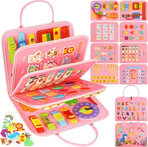 Busy Board Montessori Toys for 4 Years Old, Busy Book for Toddlers, Sensory Board Quiet Book Educational Activity Book for Toddlers 4-5, Toddler Travel Toys for Plane Car, Gifts for Boys Girls (Pink)
