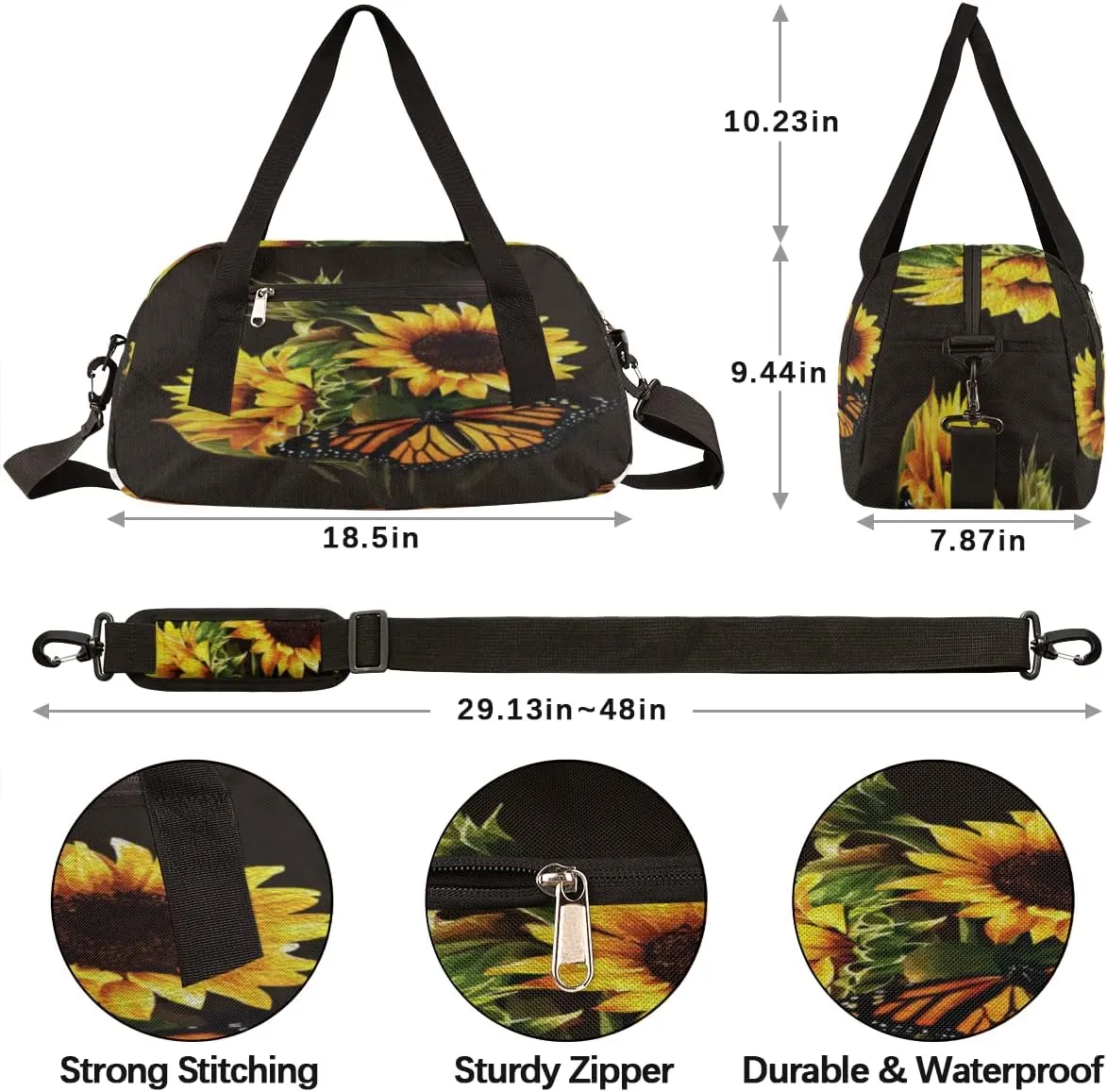 Butterfly Sunflower Kids Duffel Bag for Girls Boys Teens, Oil Painting Dance Bag Overnight Small Duffel Bag Carry On Weekend Sports Gym Travel Bag for School Practice Gymnastics Ballet