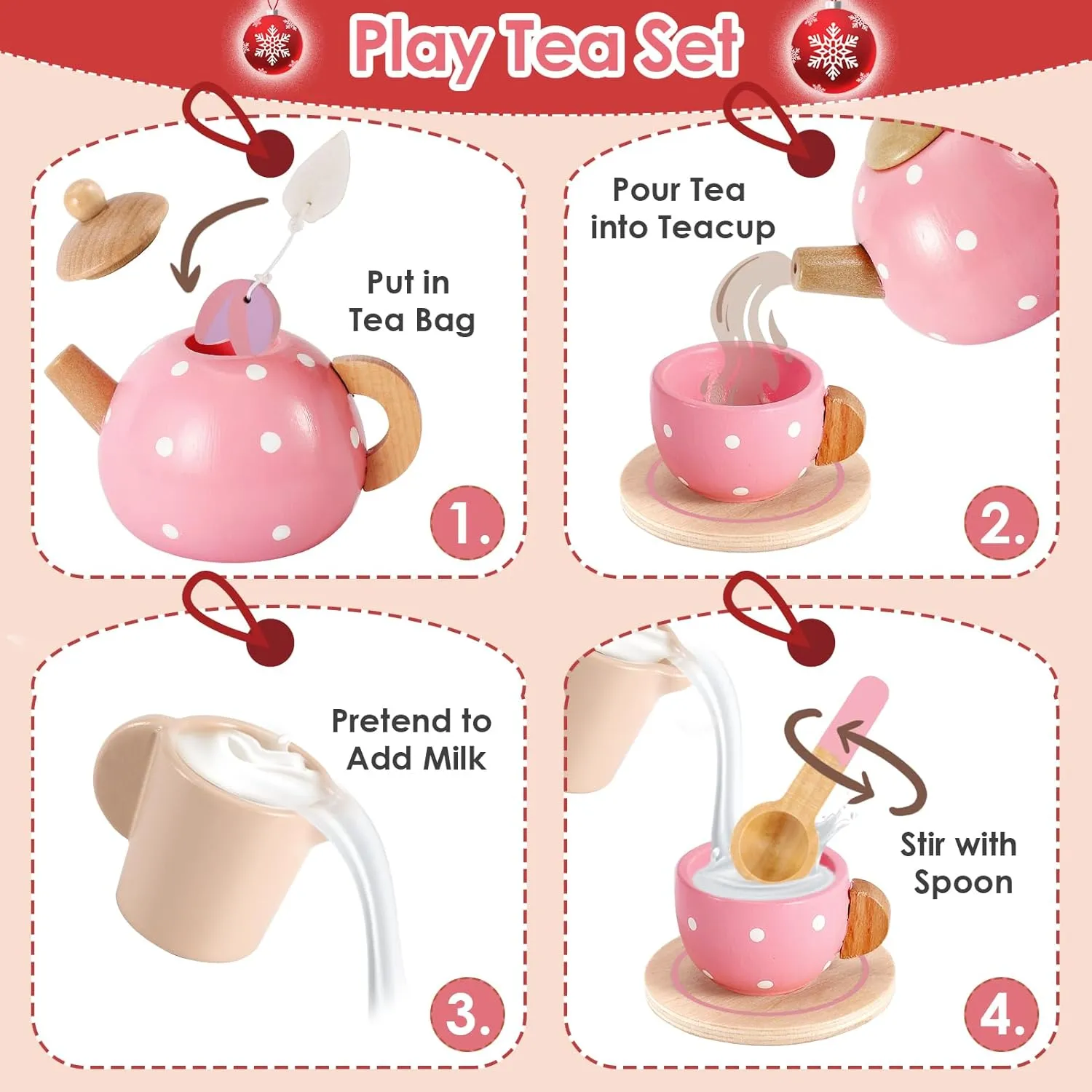 BUYGER Pretend Play Princess Tea Party Set for 3 4 5 6   Year Old Wooden Kitchen Play Food Accessories Sets Gifts for Toddler Little Girls Boys Age 3-5