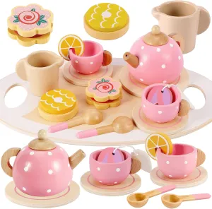 BUYGER Pretend Play Princess Tea Party Set for 3 4 5 6   Year Old Wooden Kitchen Play Food Accessories Sets Gifts for Toddler Little Girls Boys Age 3-5