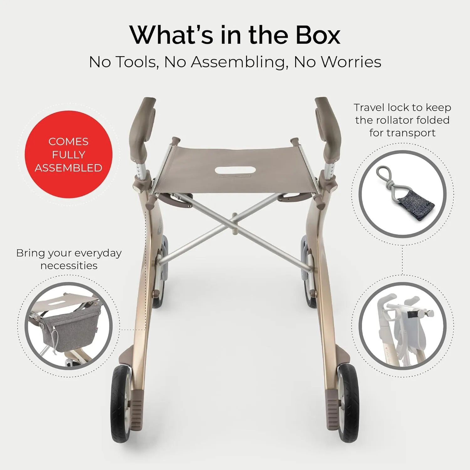byACRE Carbon Ultralight Rollator Walker - World's Lightest Carbon Rollator - Only 10.6 lbs | Indoor and Outdoor Use | Foldable with seat and Easy to Travel with (Champagne Gold, Wide Track)